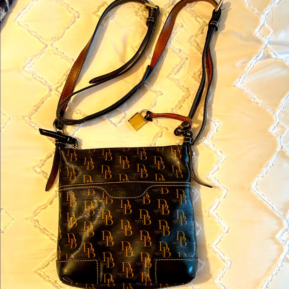 Dooney & Bourke Black Monogram Crossbody with Brown Trim